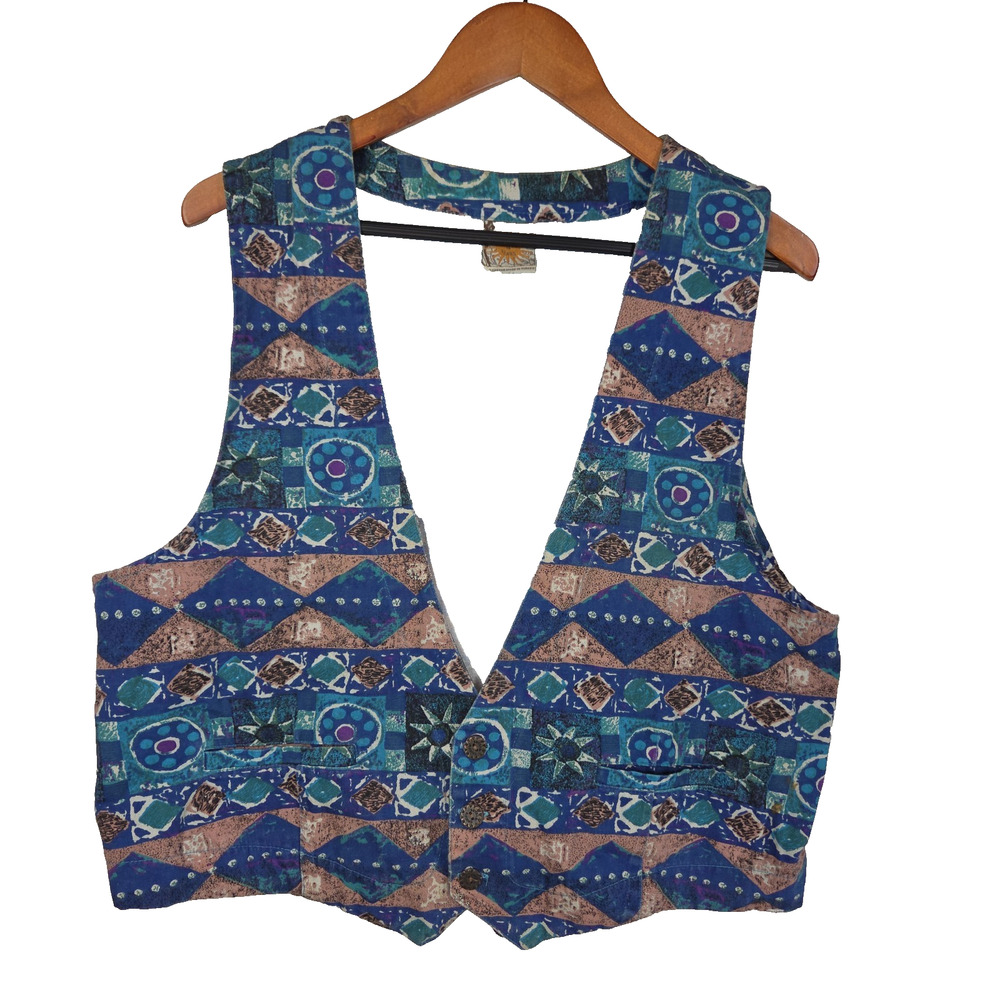 Vintage Chicos Womens Vest XL 2 Blue Pockets Business Western Cowgirl Aztec